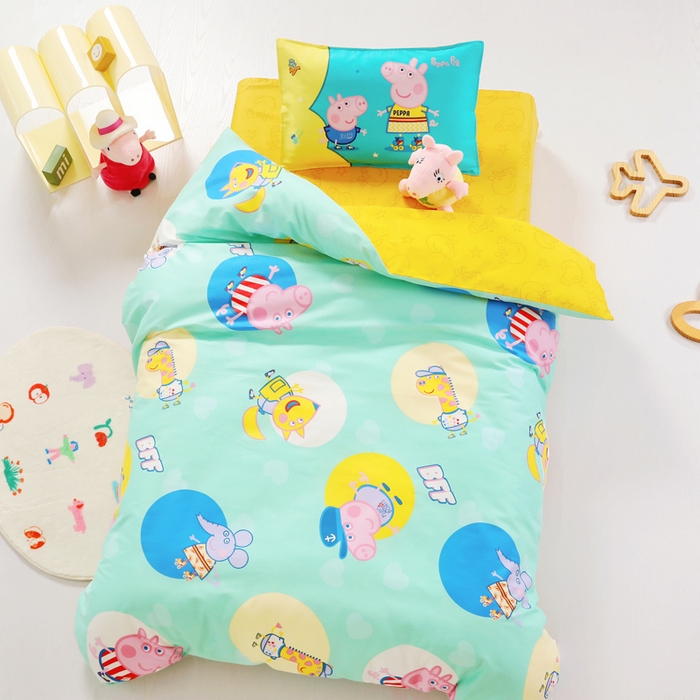 91家纺网 家纺一手货源 找家纺 鱼宝 2023新款13372全棉小猪佩奇授权幼儿园多件套 佩奇家族