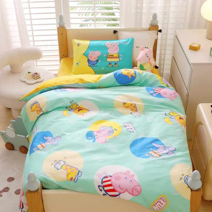 91家纺网 家纺一手货源 找家纺 鱼宝 2023新款13372全棉小猪佩奇授权幼儿园多件套 佩奇家族