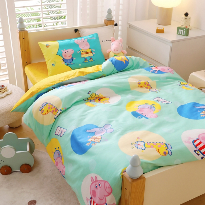 91家纺网 家纺一手货源 找家纺 鱼宝 2023新款13372全棉小猪佩奇授权幼儿园多件套 佩奇家族