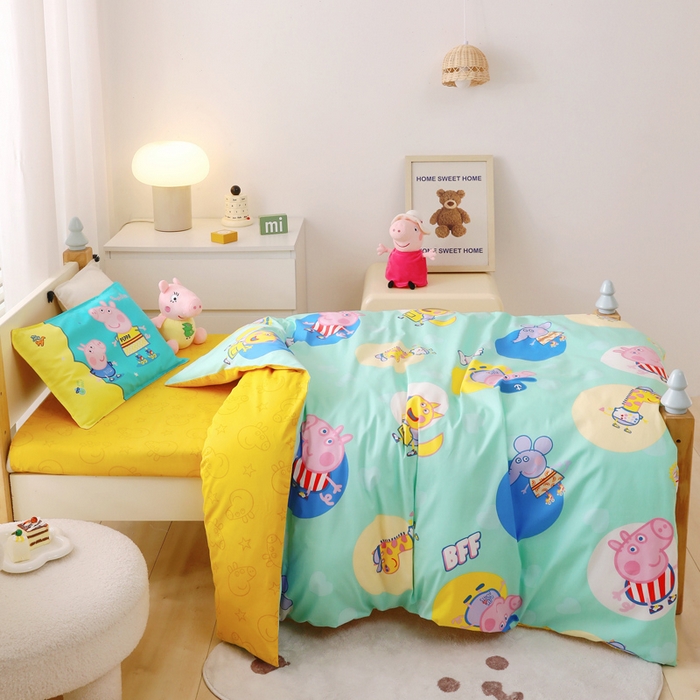 91家纺网 家纺一手货源 找家纺 鱼宝 2023新款13372全棉小猪佩奇授权幼儿园多件套 佩奇家族