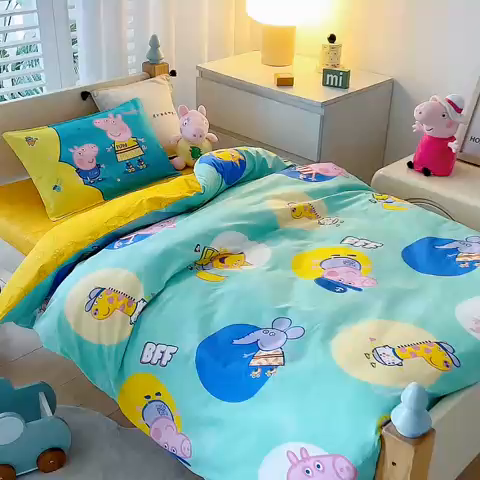 91家纺网 家纺一手货源 找家纺 鱼宝 2023新款13372全棉小猪佩奇授权幼儿园多件套 佩奇家族