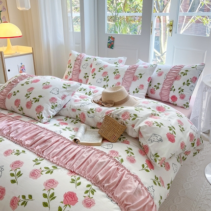 91家纺网 家纺一手货源 找家纺 花伞家居 2023新款双层纱水洗棉麻安妮系列温柔工艺款四件套 安妮-玫瑰园