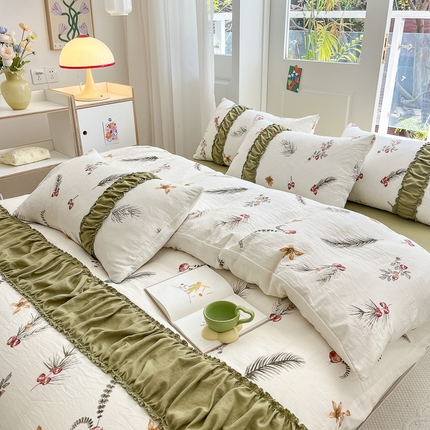 91家纺网 家纺一手货源 找家纺 花伞家居 2023新款双层纱水洗棉麻安妮系列温柔工艺款四件套 安妮-江桐