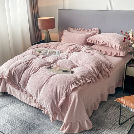 野合家纺 2024新款牛奶绒雕花绒四件套韩版花边绒套件 香茶花-杏仁粉