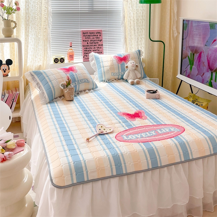 91家纺网 家纺一手货源 找家纺 顾里 2023新款0.5仙女双层雪纺纱床裙席 条纹蝶恋