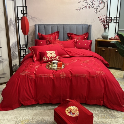 橘滋2023新款全棉绣花大红婚庆系列四件套 福禄喜财