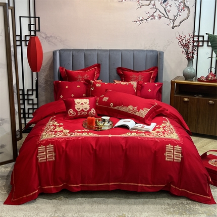 91家纺网 家纺一手货源 找家纺 （总）橘滋2023新款全棉绣花大红婚庆系列四件套