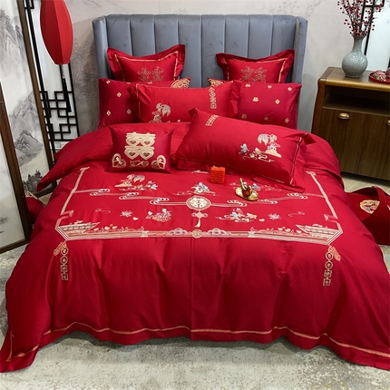 91家纺网 家纺一手货源 找家纺 （总）橘滋2023新款全棉绣花大红婚庆系列四件套