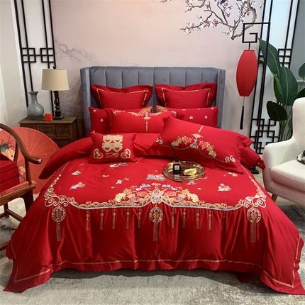 91家纺网 家纺一手货源 找家纺 （总）橘滋2023新款全棉绣花大红婚庆系列四件套