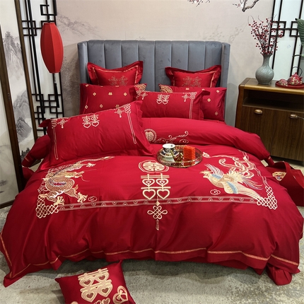91家纺网 家纺一手货源 找家纺 （总）橘滋2023新款全棉绣花大红婚庆系列四件套