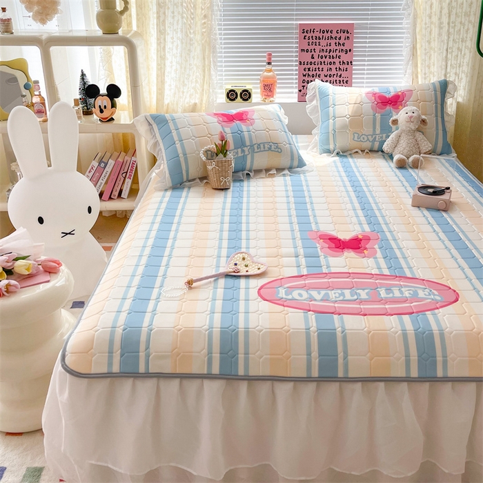 91家纺网 家纺一手货源 找家纺 顾里 2023新款0.5仙女双层雪纺纱床裙席 条纹蝶恋