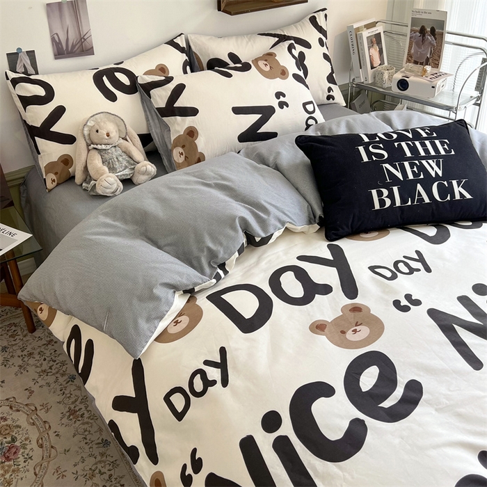 91家纺网 家纺一手货源 找家纺 HL原创 2023新款13070全棉40支四件套 字母熊-黑