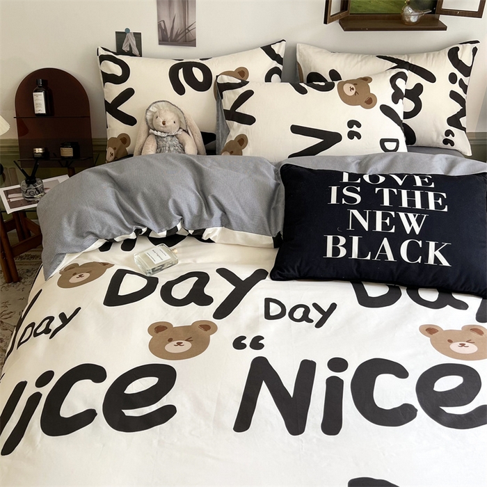 91家纺网 家纺一手货源 找家纺 HL原创 2023新款13070全棉40支四件套 字母熊-黑