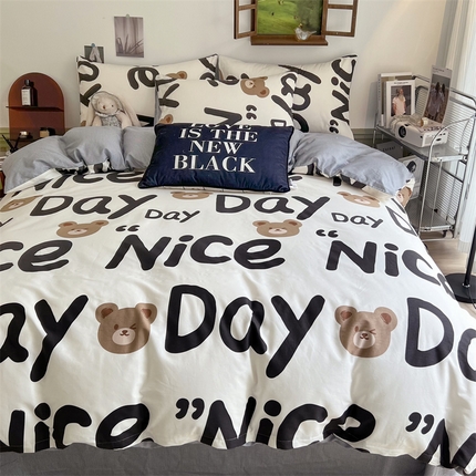 91家纺网 家纺一手货源 找家纺 HL原创 2023新款13070全棉40支四件套 字母熊-黑