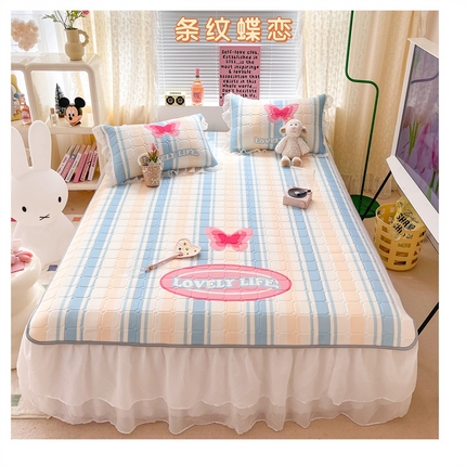 91家纺网 家纺一手货源 找家纺 顾里 2023新款0.5仙女双层雪纺纱床裙席 条纹蝶恋