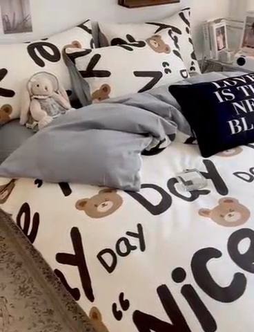91家纺网 家纺一手货源 找家纺 HL原创 2023新款13070全棉40支四件套 字母熊-黑