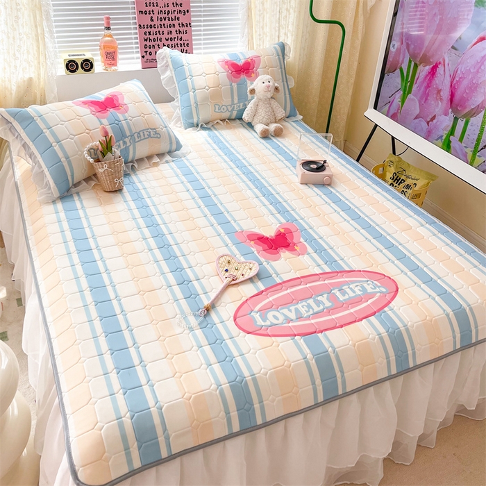 91家纺网 家纺一手货源 找家纺 顾里 2023新款0.5仙女双层雪纺纱床裙席 条纹蝶恋