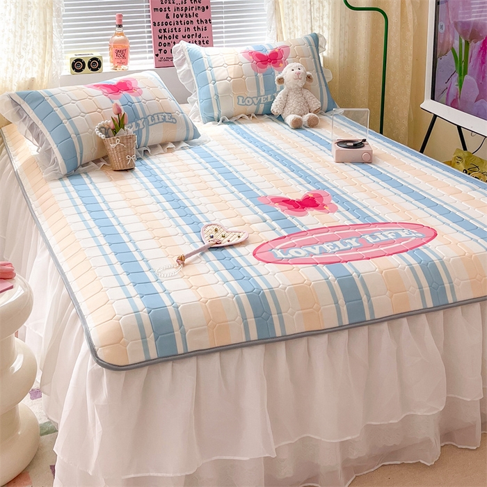 91家纺网 家纺一手货源 找家纺 顾里 2023新款0.5仙女双层雪纺纱床裙席 条纹蝶恋