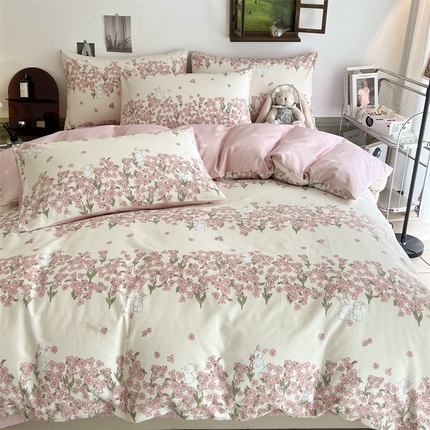 HL原创 2023新款13070全棉40支四件套 小花兔粉