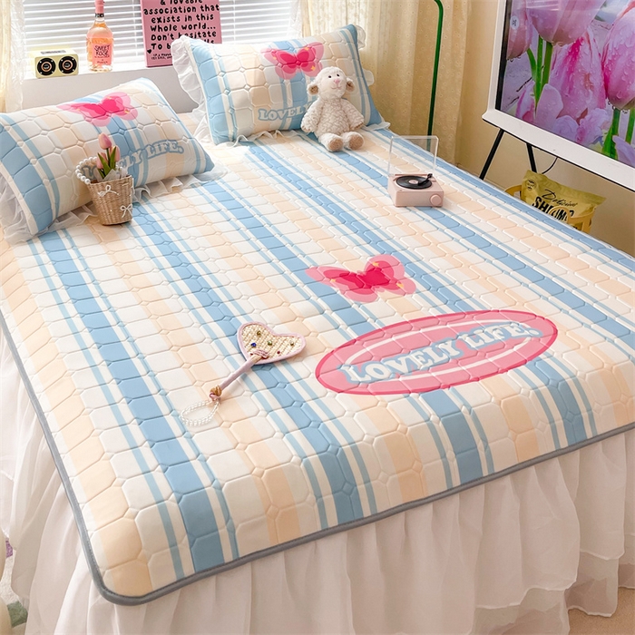 91家纺网 家纺一手货源 找家纺 顾里 2023新款0.5仙女双层雪纺纱床裙席 条纹蝶恋