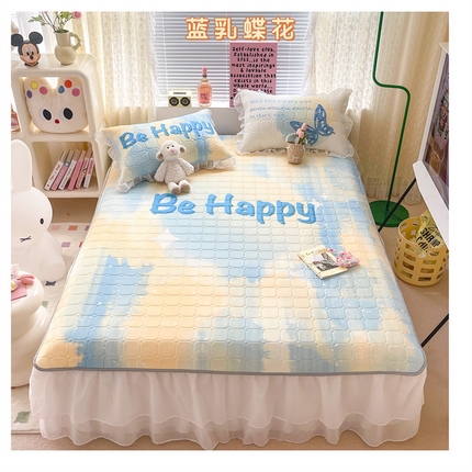 91家纺网 家纺一手货源 找家纺 顾里 2023新款0.5仙女双层雪纺纱床裙席 蓝乳蝶花