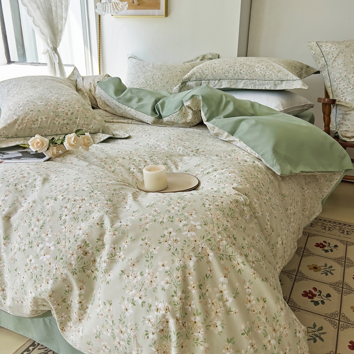 91家纺网 家纺一手货源 找家纺 由丽 2025新款4月美式全棉铂金柔棉床单床笠款印花四件套被套放缩水 曼盈 绿