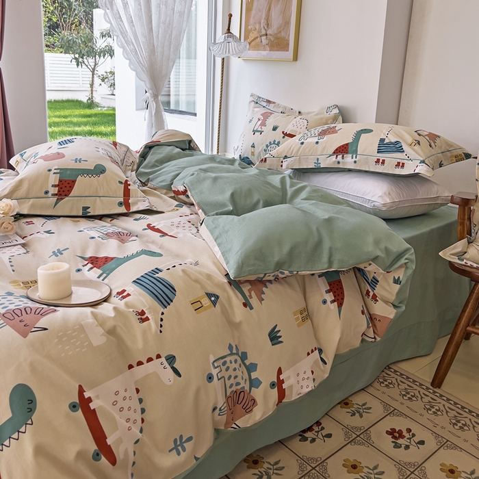 91家纺网 家纺一手货源 找家纺 由丽 2025新款4月美式全棉铂金柔棉床单床笠款印花四件套被套放缩水 侏罗纪 卡其