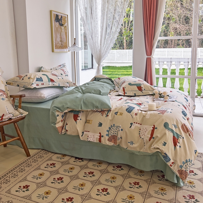 91家纺网 家纺一手货源 找家纺 由丽 2025新款4月美式全棉铂金柔棉床单床笠款印花四件套被套放缩水 侏罗纪 卡其