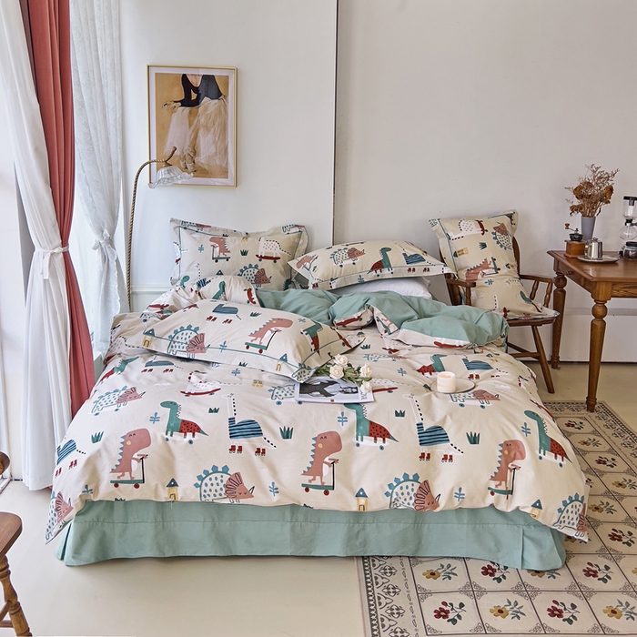 91家纺网 家纺一手货源 找家纺 由丽 2025新款4月美式全棉铂金柔棉床单床笠款印花四件套被套放缩水 侏罗纪 卡其