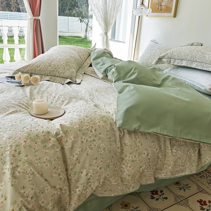 91家纺网 家纺一手货源 找家纺 由丽 2025新款4月美式全棉铂金柔棉床单床笠款印花四件套被套放缩水 曼盈 绿