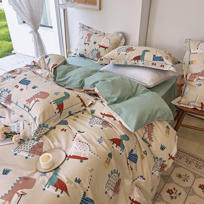 91家纺网 家纺一手货源 找家纺 由丽 2025新款4月美式全棉铂金柔棉床单床笠款印花四件套被套放缩水 侏罗纪 卡其