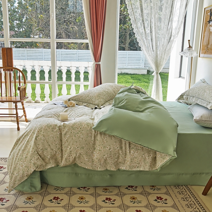91家纺网 家纺一手货源 找家纺 由丽 2025新款4月美式全棉铂金柔棉床单床笠款印花四件套被套放缩水 曼盈 绿