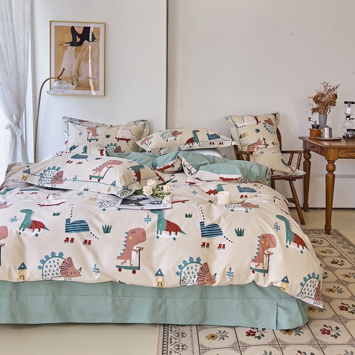 91家纺网 家纺一手货源 找家纺 由丽 2025新款4月美式全棉铂金柔棉床单床笠款印花四件套被套放缩水 侏罗纪 卡其