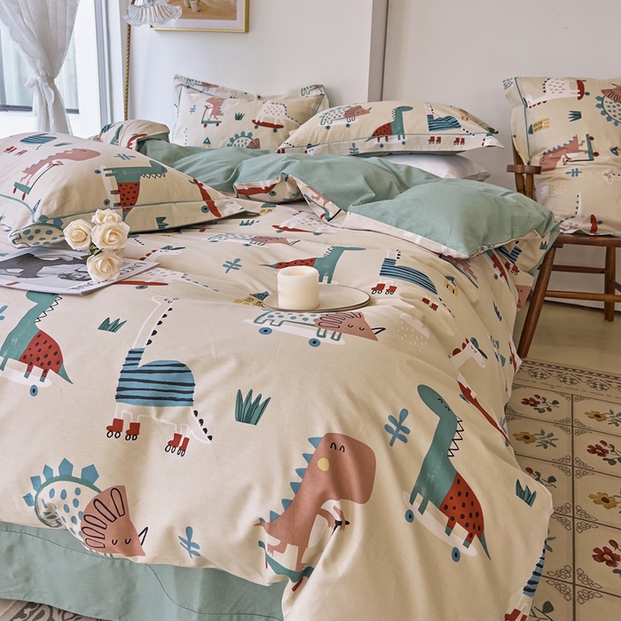 91家纺网 家纺一手货源 找家纺 由丽 2025新款4月美式全棉铂金柔棉床单床笠款印花四件套被套放缩水 侏罗纪 卡其