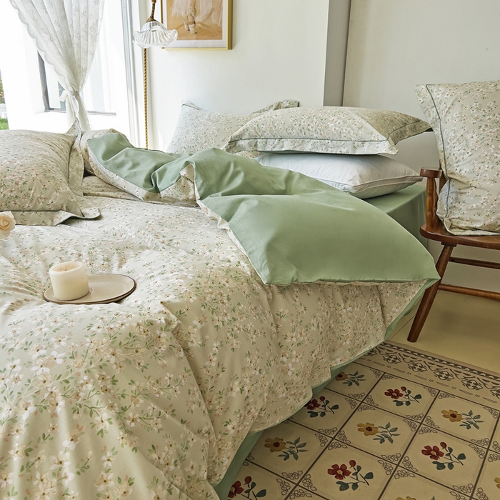 91家纺网 家纺一手货源 找家纺 由丽 2025新款4月美式全棉铂金柔棉床单床笠款印花四件套被套放缩水 曼盈 绿