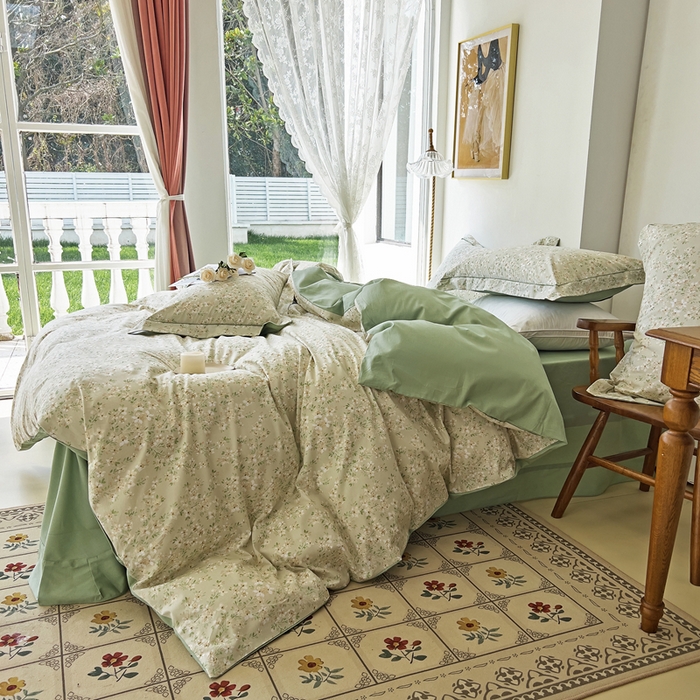 91家纺网 家纺一手货源 找家纺 由丽 2025新款4月美式全棉铂金柔棉床单床笠款印花四件套被套放缩水 曼盈 绿