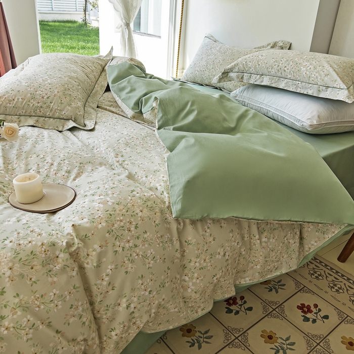 91家纺网 家纺一手货源 找家纺 由丽 2025新款4月美式全棉铂金柔棉床单床笠款印花四件套被套放缩水 曼盈 绿