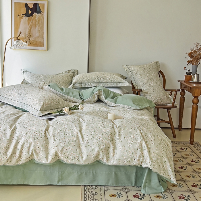 91家纺网 家纺一手货源 找家纺 由丽 2025新款4月美式全棉铂金柔棉床单床笠款印花四件套被套放缩水 曼盈 绿