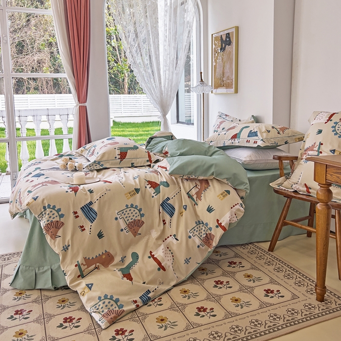 91家纺网 家纺一手货源 找家纺 由丽 2025新款4月美式全棉铂金柔棉床单床笠款印花四件套被套放缩水 侏罗纪 卡其