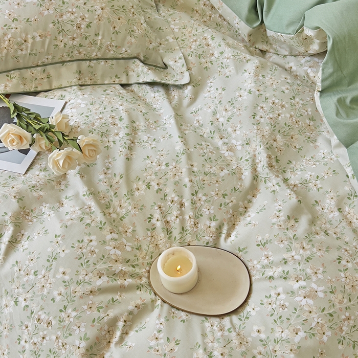 91家纺网 家纺一手货源 找家纺 由丽 2025新款4月美式全棉铂金柔棉床单床笠款印花四件套被套放缩水 曼盈 绿