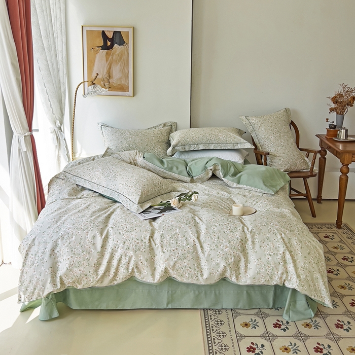 91家纺网 家纺一手货源 找家纺 由丽 2025新款4月美式全棉铂金柔棉床单床笠款印花四件套被套放缩水 曼盈 绿
