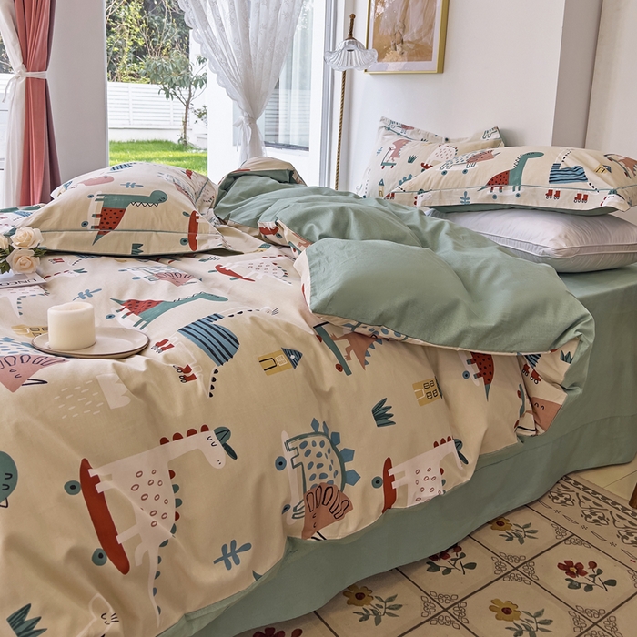 91家纺网 家纺一手货源 找家纺 由丽 2025新款4月美式全棉铂金柔棉床单床笠款印花四件套被套放缩水 侏罗纪 卡其