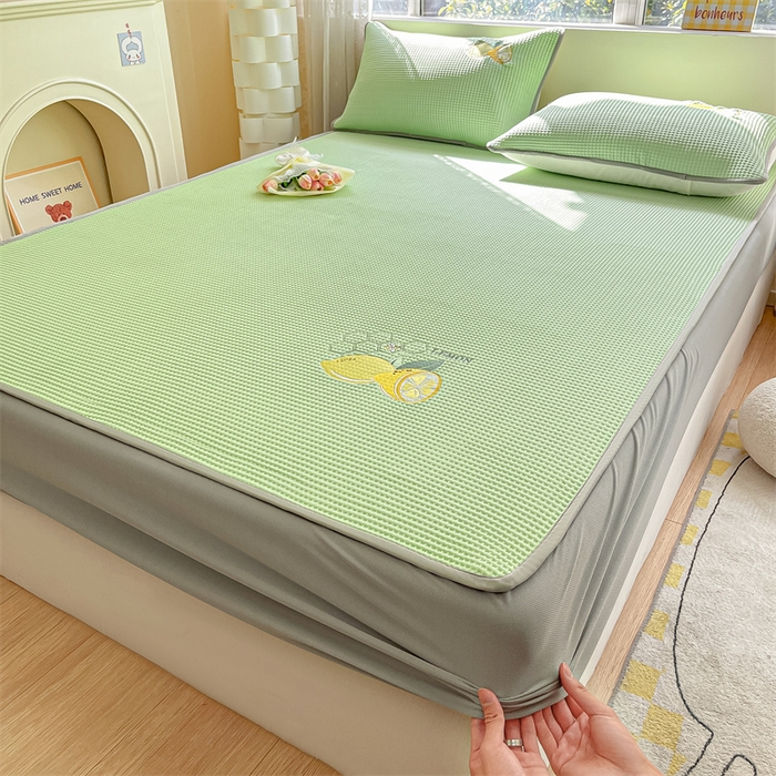 91家纺网 家纺一手货源 找家纺 鑫钰 2023新款凉感豆豆冰丝凉席 冰柠檬-华夫格绿（床笠款） 