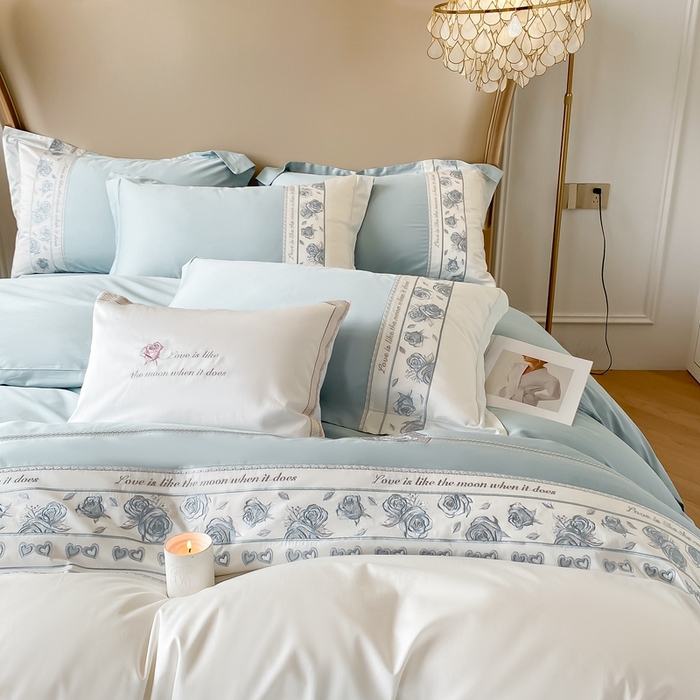 91家纺网 家纺一手货源 找家纺 魅都 100阿克苏长绒棉刺绣四件套--雅颜系列 雅颜-天空蓝