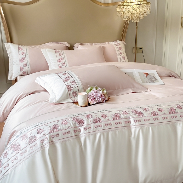 91家纺网 家纺一手货源 找家纺 魅都100阿克苏长绒棉刺绣四件套--雅颜系列 雅颜-樱花粉