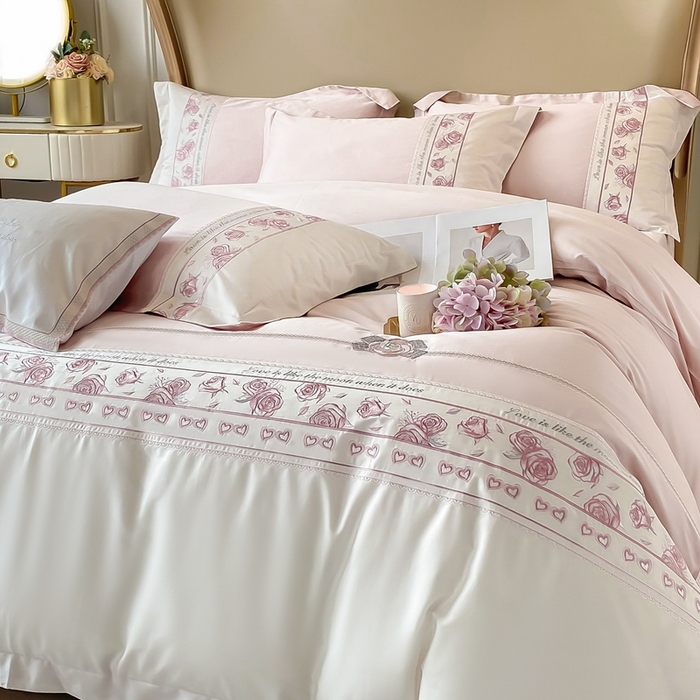 91家纺网 家纺一手货源 找家纺 魅都100阿克苏长绒棉刺绣四件套--雅颜系列 雅颜-樱花粉