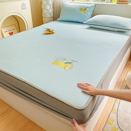 鑫钰 2023新款凉感豆豆冰丝凉席 冰柠檬-华夫格蓝（床笠款）