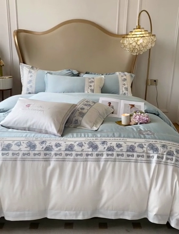 91家纺网 家纺一手货源 找家纺 魅都 100阿克苏长绒棉刺绣四件套--雅颜系列 雅颜-天空蓝