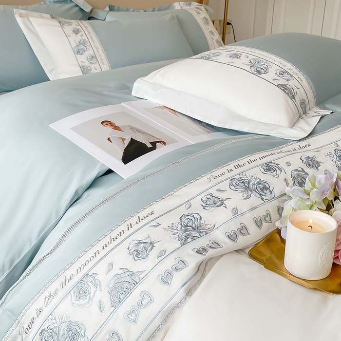 91家纺网 家纺一手货源 找家纺 魅都 100阿克苏长绒棉刺绣四件套--雅颜系列 雅颜-天空蓝