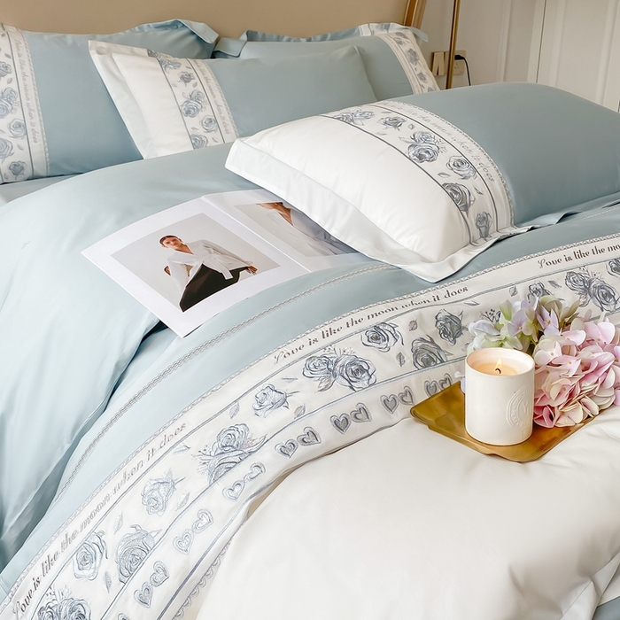 91家纺网 家纺一手货源 找家纺 魅都 100阿克苏长绒棉刺绣四件套--雅颜系列 雅颜-天空蓝